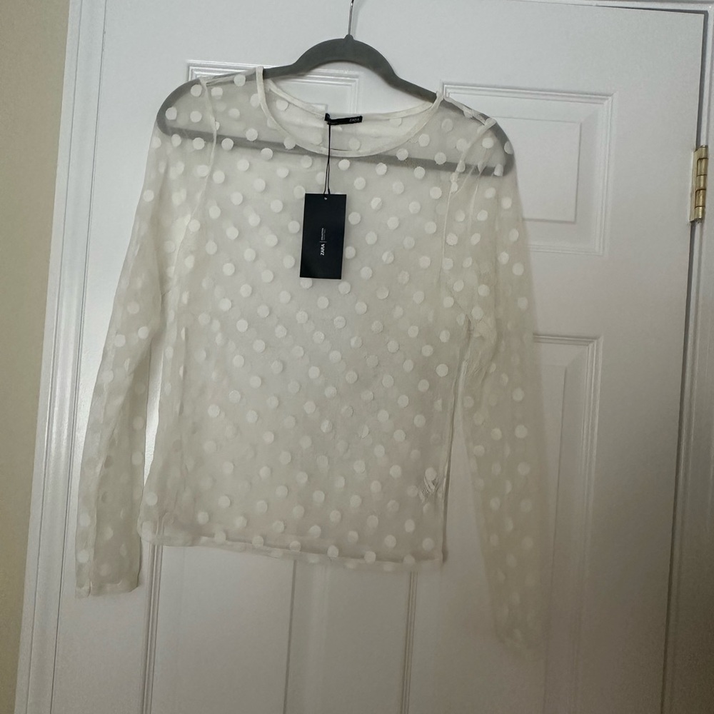 Zara White Sheer Polka Dot Blouse